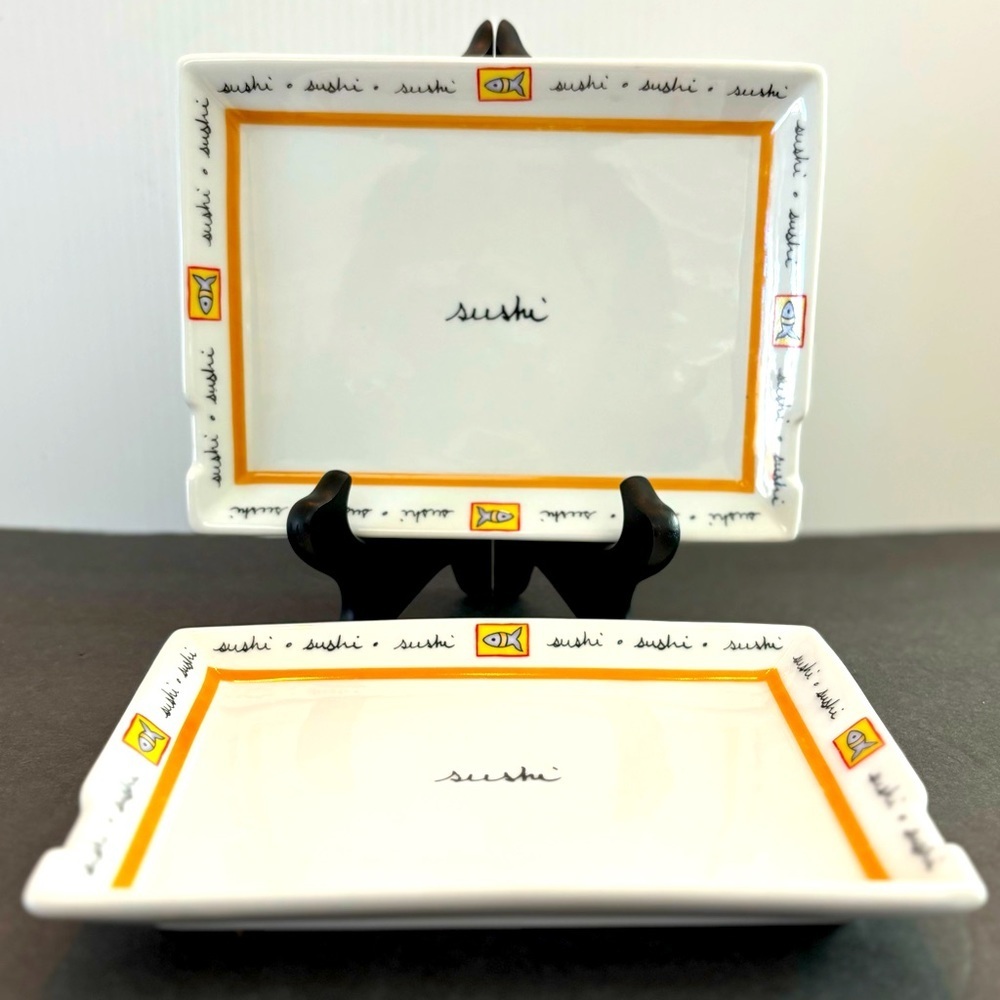 Set of 2  White Sushi word graphic Appetizer Plates, 7.25"x5.5"